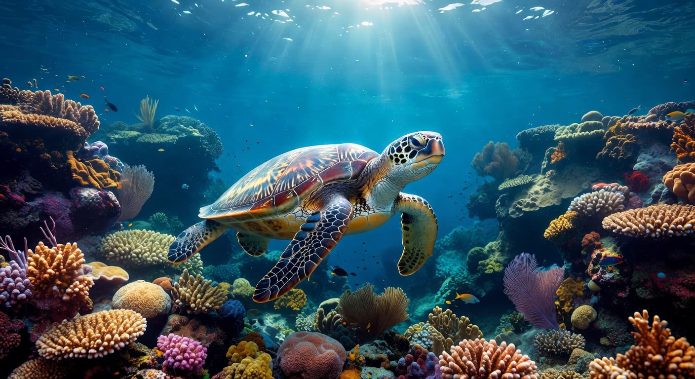 A green sea turtle glides past vibrant coral formations in crystal clear tropical waters. Sunbeams penetrate the surface, illuminating the creature's textured shell and the colorful marine reef below it.