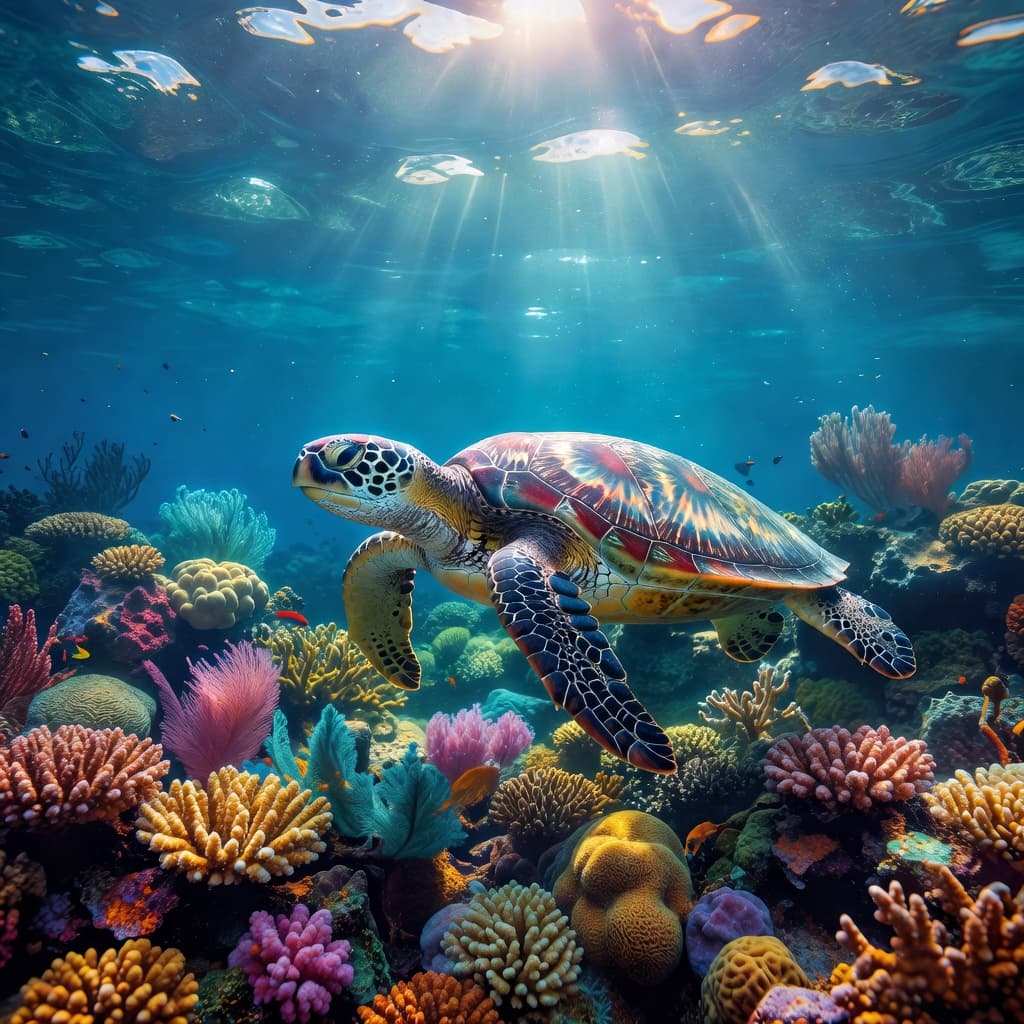 A graceful green sea turtle glides through crystal clear turquoise waters near a vibrant coral reef. Sharp sunlight beams pierce the ocean surface, illuminating the creature's textured shell and patterned skin.