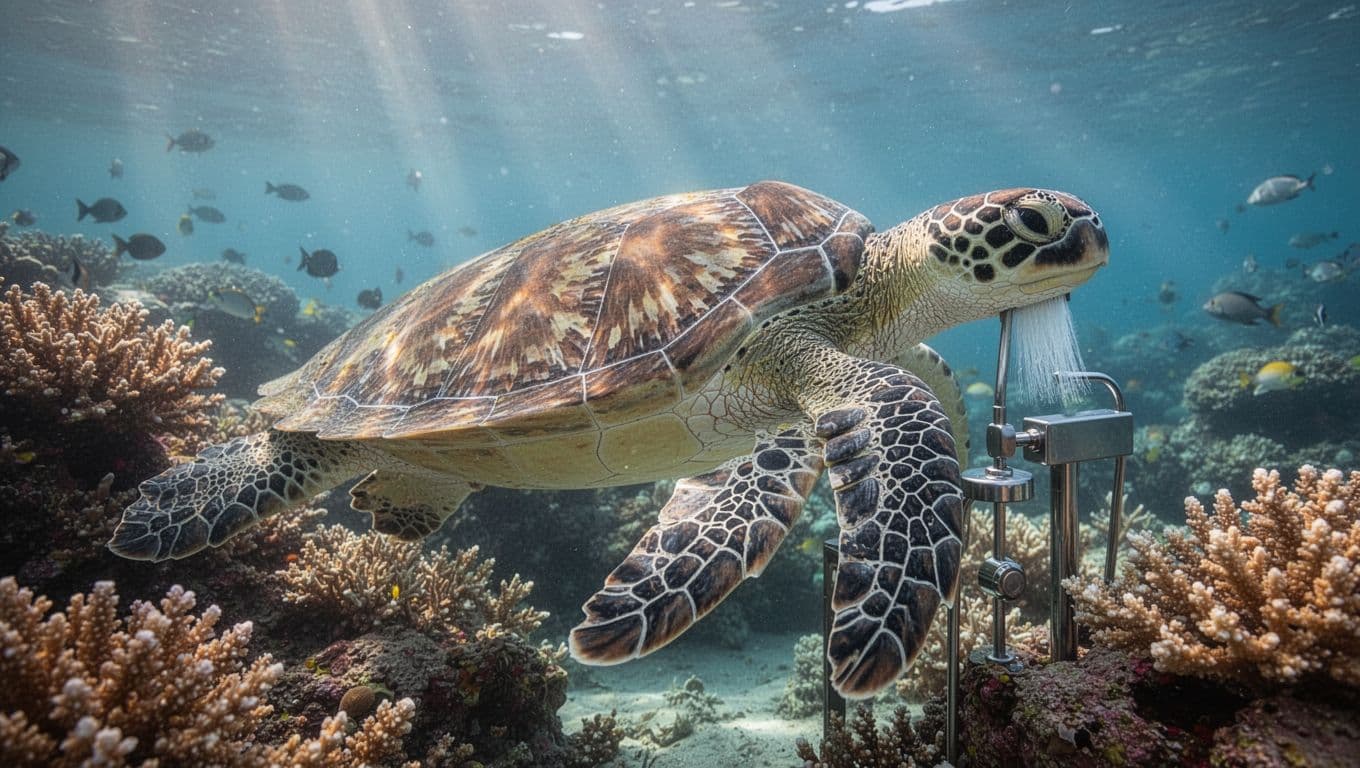 A green sea turtle floats near a vibrant coral reef cleaning station underwater. Clear sunlight illuminates the intricate hexagonal patterns on its shell, revealing unique textures and natural growth marks.