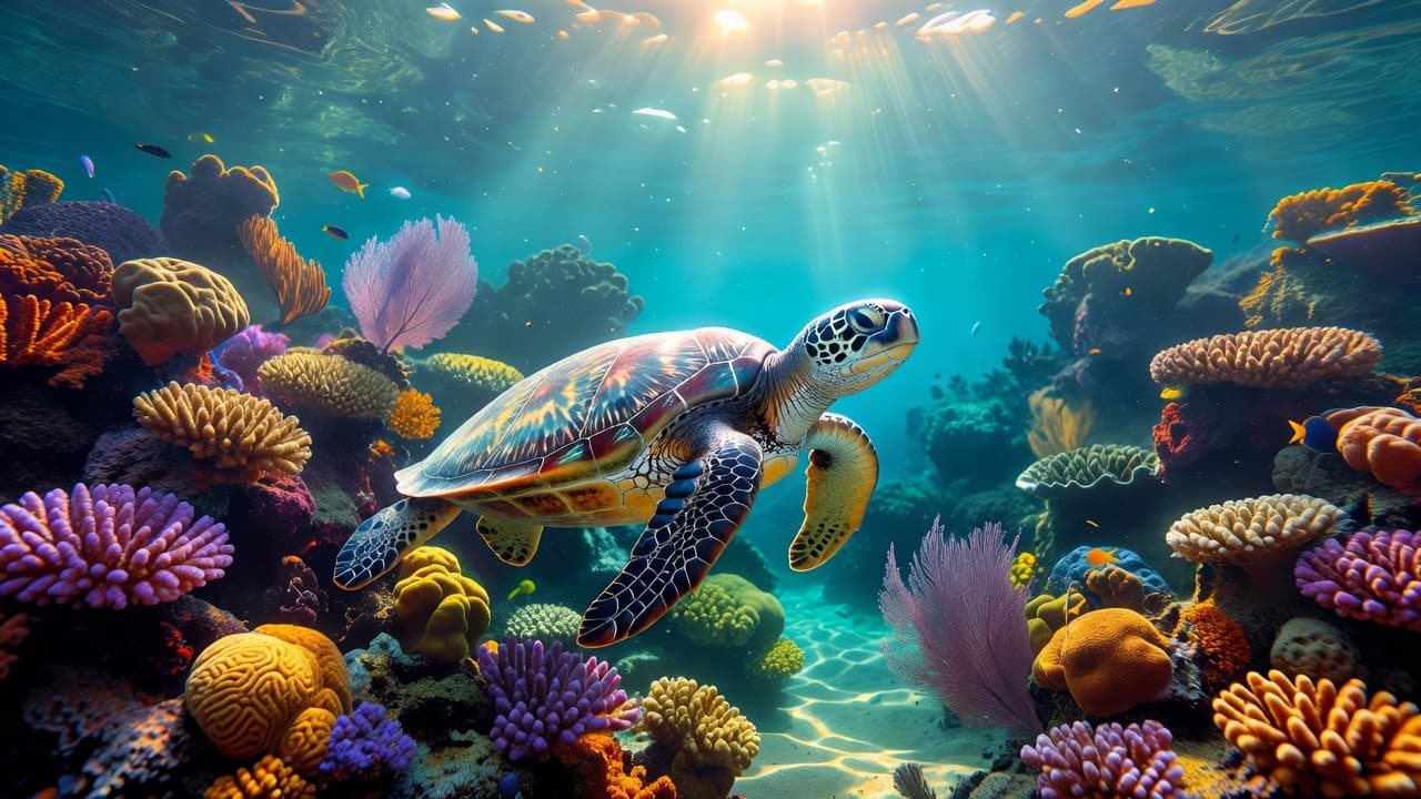 A graceful green sea turtle glides through crystal clear turquoise waters above a vibrant coral reef. Sunbeams pierce the surface, casting dancing light patterns across the ocean floor and shell.