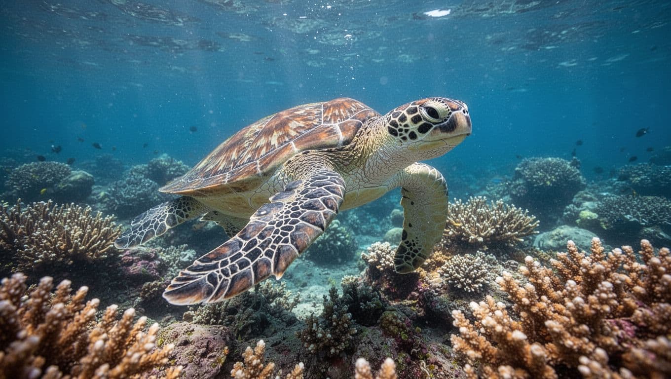 A graceful green sea turtle glides above a complex, colorful coral reef formation. Sunlight filters through the clear turquoise water, illuminating the turtle's textured shell and the diverse marine ecosystem below.