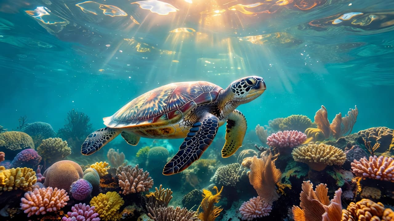A Hawaiian green sea turtle swimming gracefully in clear blue water, sunlight filtering from the surface, coral reef in background, cinematic style with strong contrast, depth, and dramatic lighting, no text, no logos
