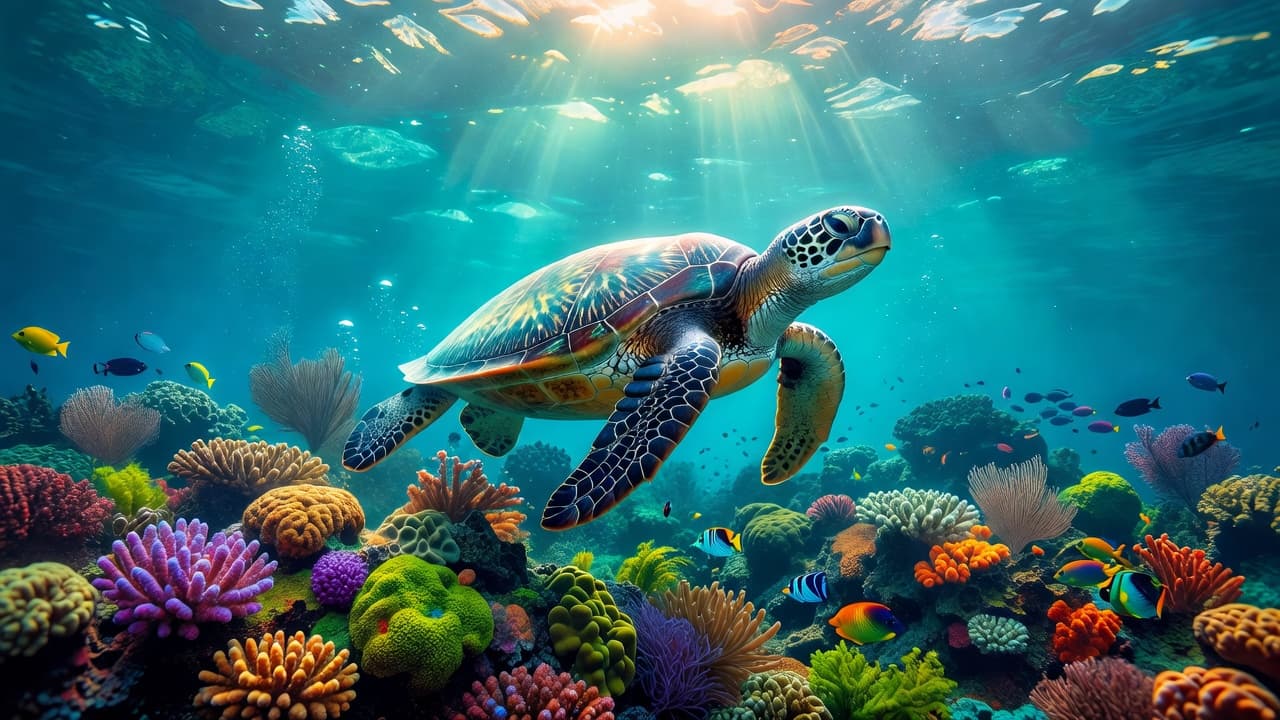 A graceful green sea turtle swims past a colorful coral reef under shimmering water. Sunlight filters through the surface, highlighting the detailed shell patterns and vibrant marine life surrounding the animal.