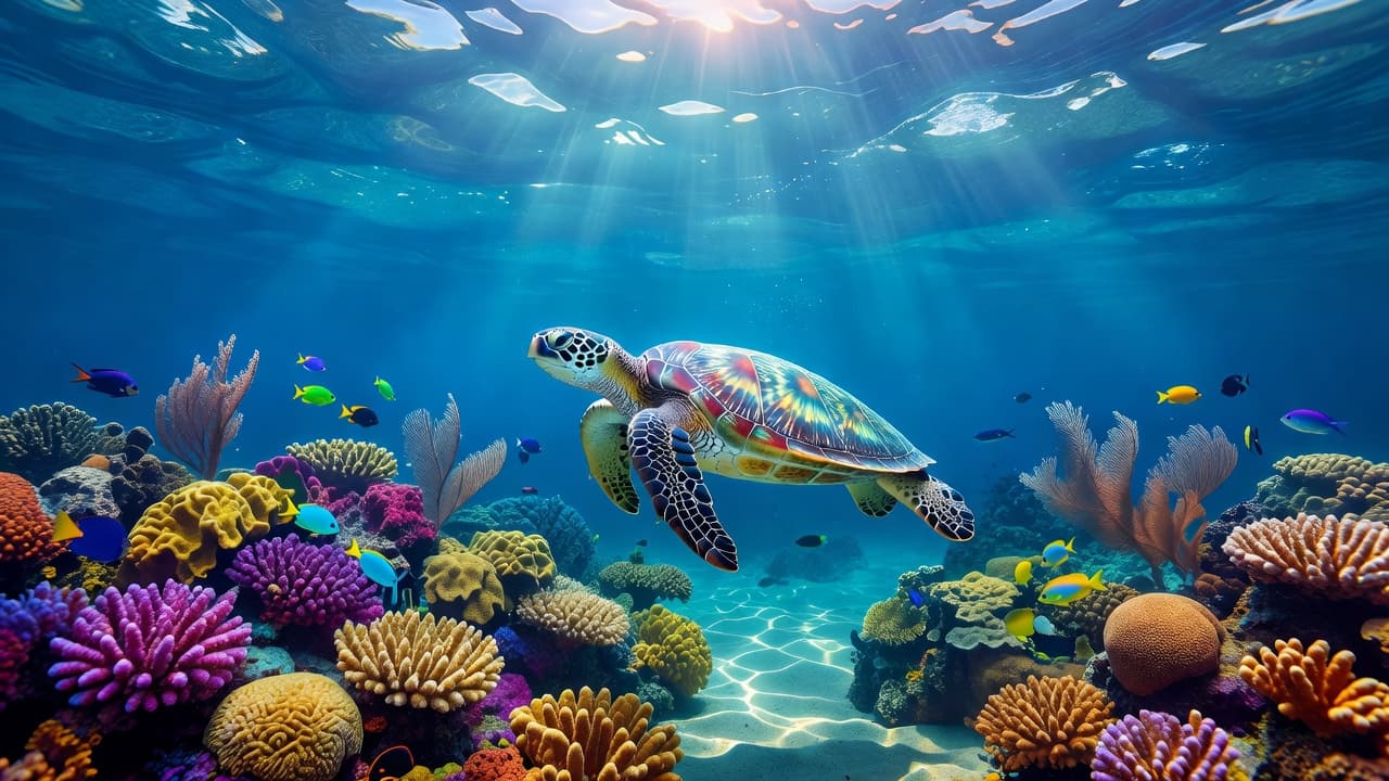 A vibrant green sea turtle glides gracefully past colorful coral formations in deep blue ocean water. Sunlight filters down from the surface, creating shimmering patterns across the turtle's patterned shell.