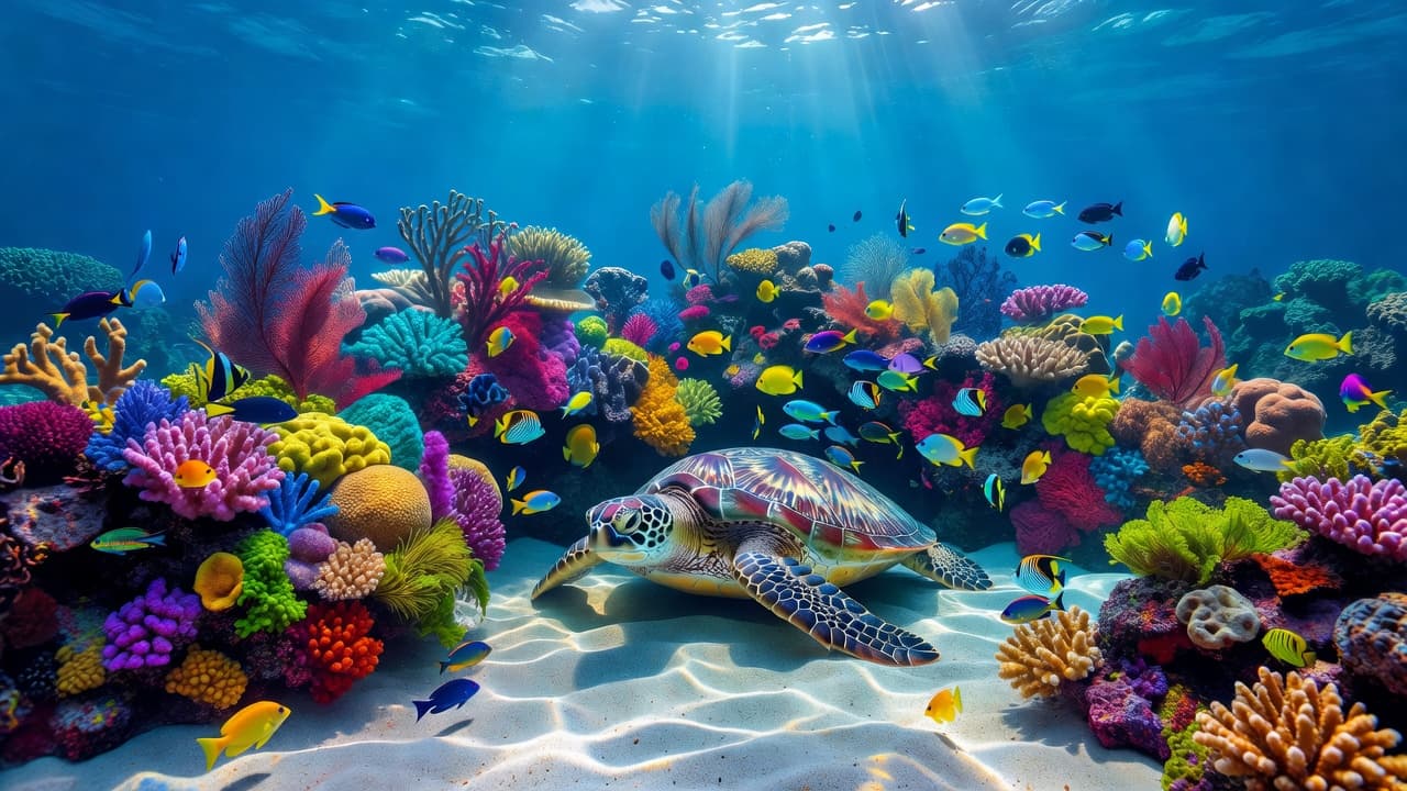 A majestic green sea turtle rests calmly on the ocean floor near a colorful coral reef. Sunlight filters through the clear blue water, illuminating the turtle's textured shell and surrounding marine life.