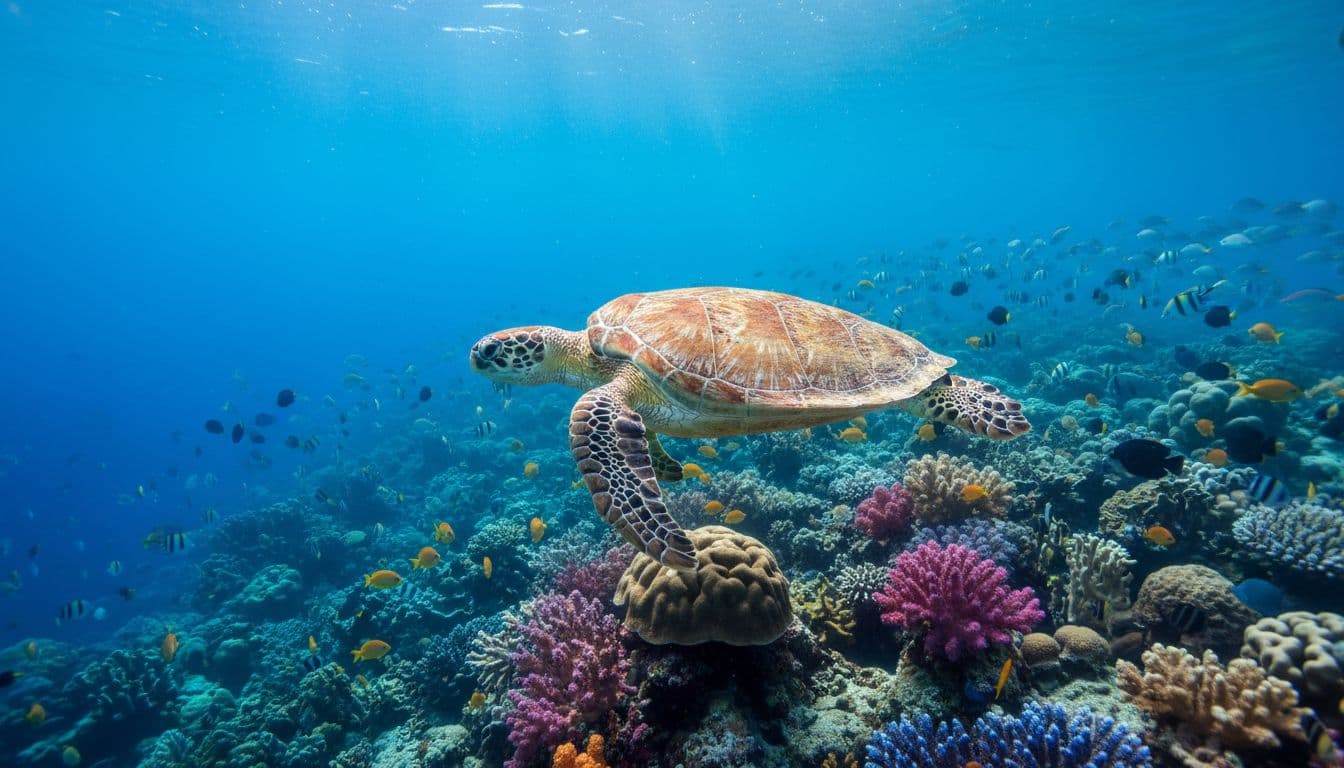 A graceful green sea turtle glides past vibrant coral formations while small tropical fish dart through the crystal clear blue water. Sunlight filters down from the surface to illuminate the reef.