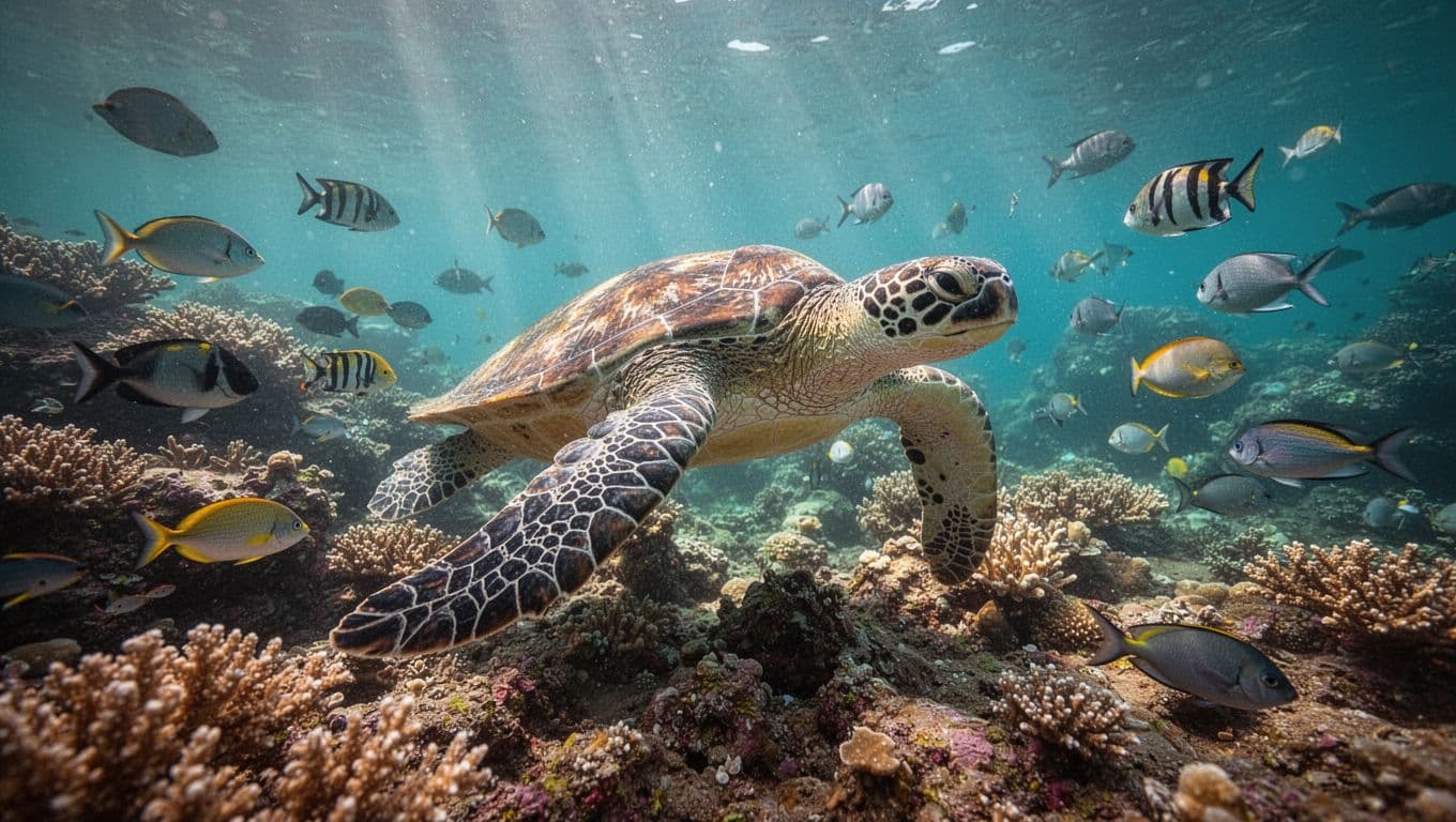 A graceful green sea turtle glides over colorful coral formations in clear turquoise water. Vibrant tropical fish dart around the reef, creating a lively underwater scene near the Hawaiian shoreline.