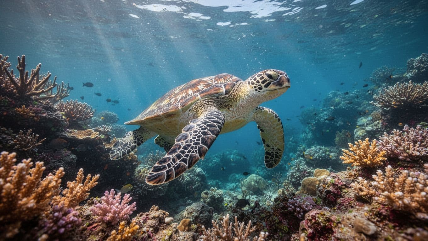 A graceful green sea turtle glides through crystal clear tropical waters surrounded by a vibrant, colorful coral reef. Sunlight filters down from the surface, illuminating the textured patterns on its shell.