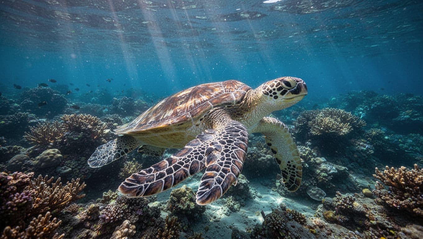 A majestic green sea turtle glides through crystal clear turquoise ocean water above a colorful coral reef. Sunbeams penetrate the surface, illuminating the turtle's patterned shell and the vibrant surrounding ecosystem.