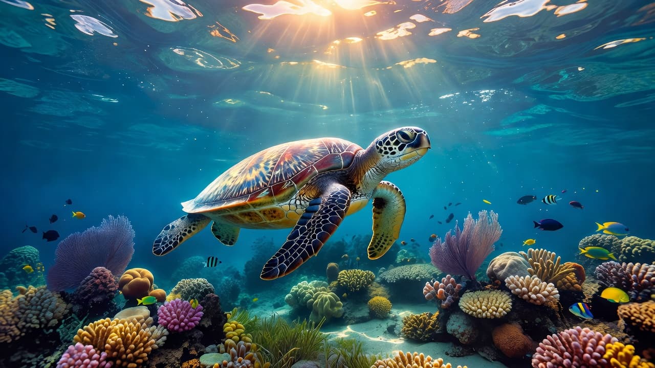 A graceful green sea turtle glides through vibrant turquoise water near a textured coral reef. Sunbeams penetrate the surface above, creating dancing light patterns across the turtle's mottled brown shell.