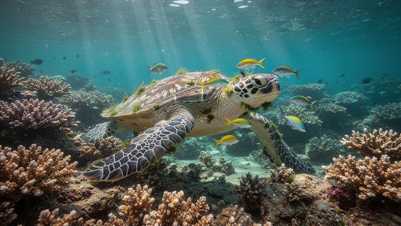 Hawaiian green sea turtle hovering calmly over vibrant coral reef at Turtle Canyon Oahu, with small colorful cleaner wrasse fish nibbling algae from its shell and flippers in clear turquoise water.