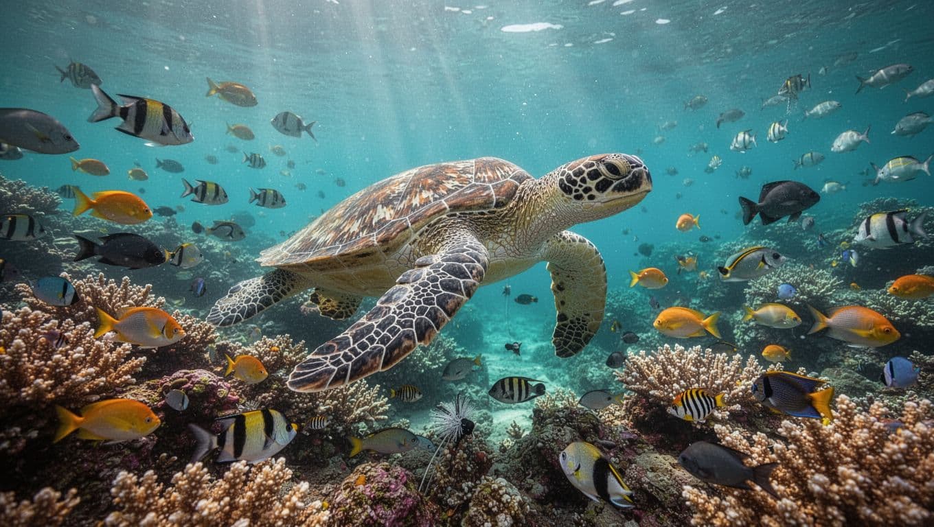 A green sea turtle swims gracefully through vibrant coral reefs at an underwater cleaning station.