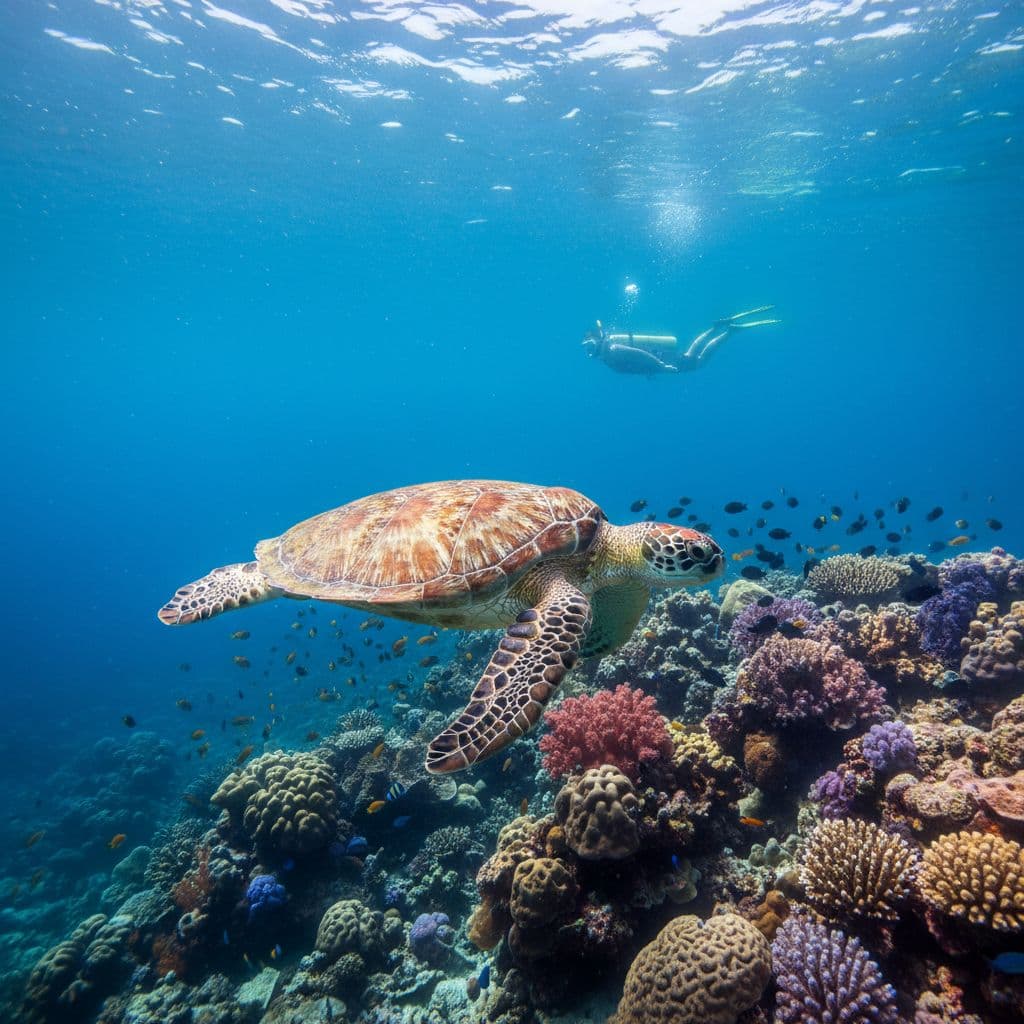 Hawaiian green sea turtle swims near vibrant coral reef in clear blue water, snorkeler watches from background.