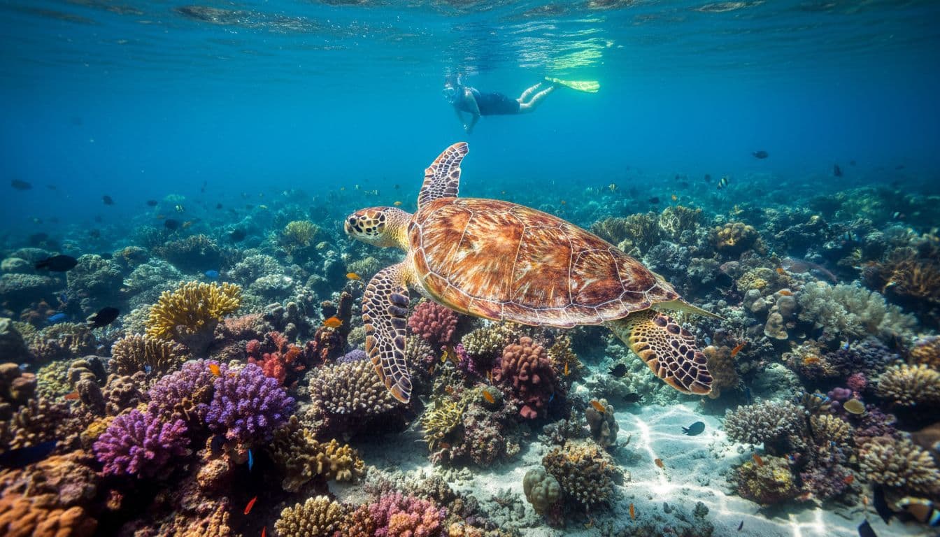 Close view of Hawaiian green sea turtle swimming gracefully near colorful coral reef in crystal clear water with sunlight rays creating dramatic caustics and a snorkeler observing from distance.
