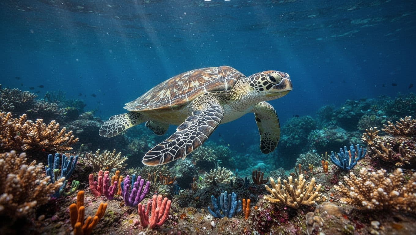 A graceful green sea turtle glides through deep blue ocean waters above a flourishing coral reef. Colorful marine organisms and intricate rock structures thrive beneath the turtle as sunlight filters down.