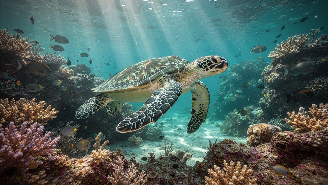 A graceful sea turtle glides past vibrant coral formations while shafts of bright sunlight penetrate the clear blue ocean surface, illuminating the diverse marine life in the deep canyon habitat.