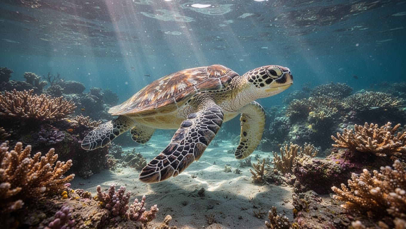 A green sea turtle glides through clear ocean water near a vibrant coral reef. Soft sunbeams penetrate the surface, highlighting the creature's patterned shell as it swims in the deep blue.