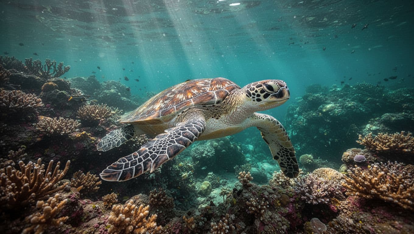 A Hawaiian green sea turtle glides gracefully through clear turquoise waters near a colorful coral reef in Kealakekua Bay marine sanctuary, sunlight beams piercing above in cinematic style.