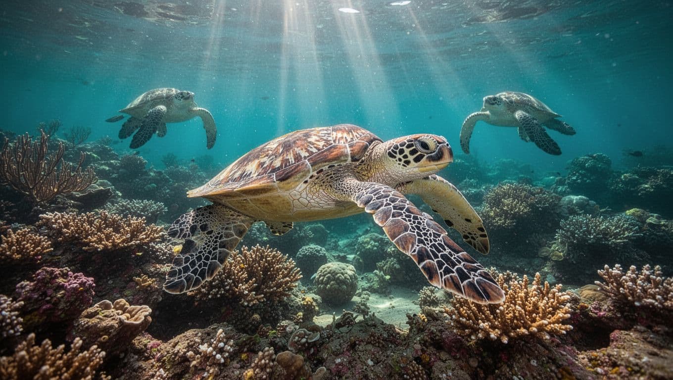 A Hawaiian green sea turtle glides gracefully over a vibrant coral reef in clear turquoise Oahu waters, with cinematic lighting and sun rays filtering from the surface. Exactly one central turtle and two smaller ones in the distance highlight the natural habitat for snorkeling excitement.