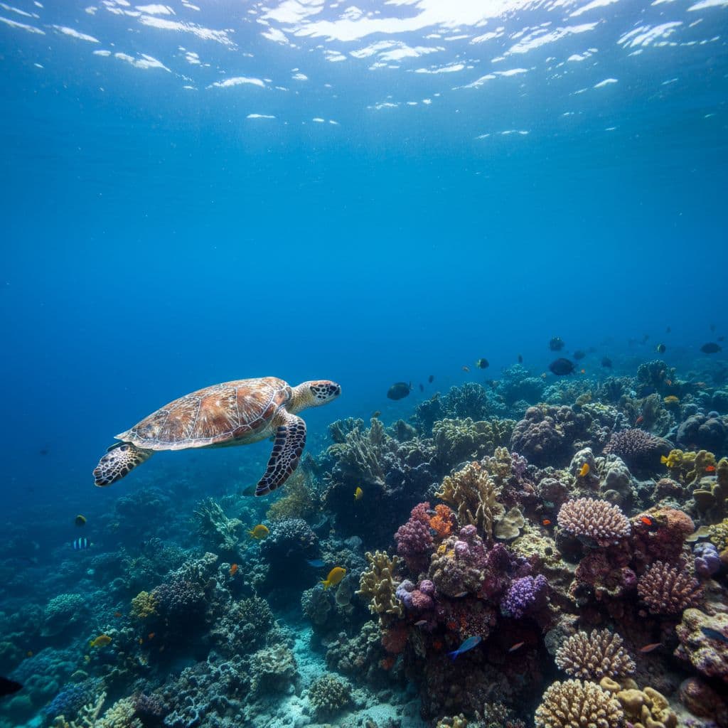 A green sea turtle swims over a vibrant coral reef in the clear blue waters off Oahu.