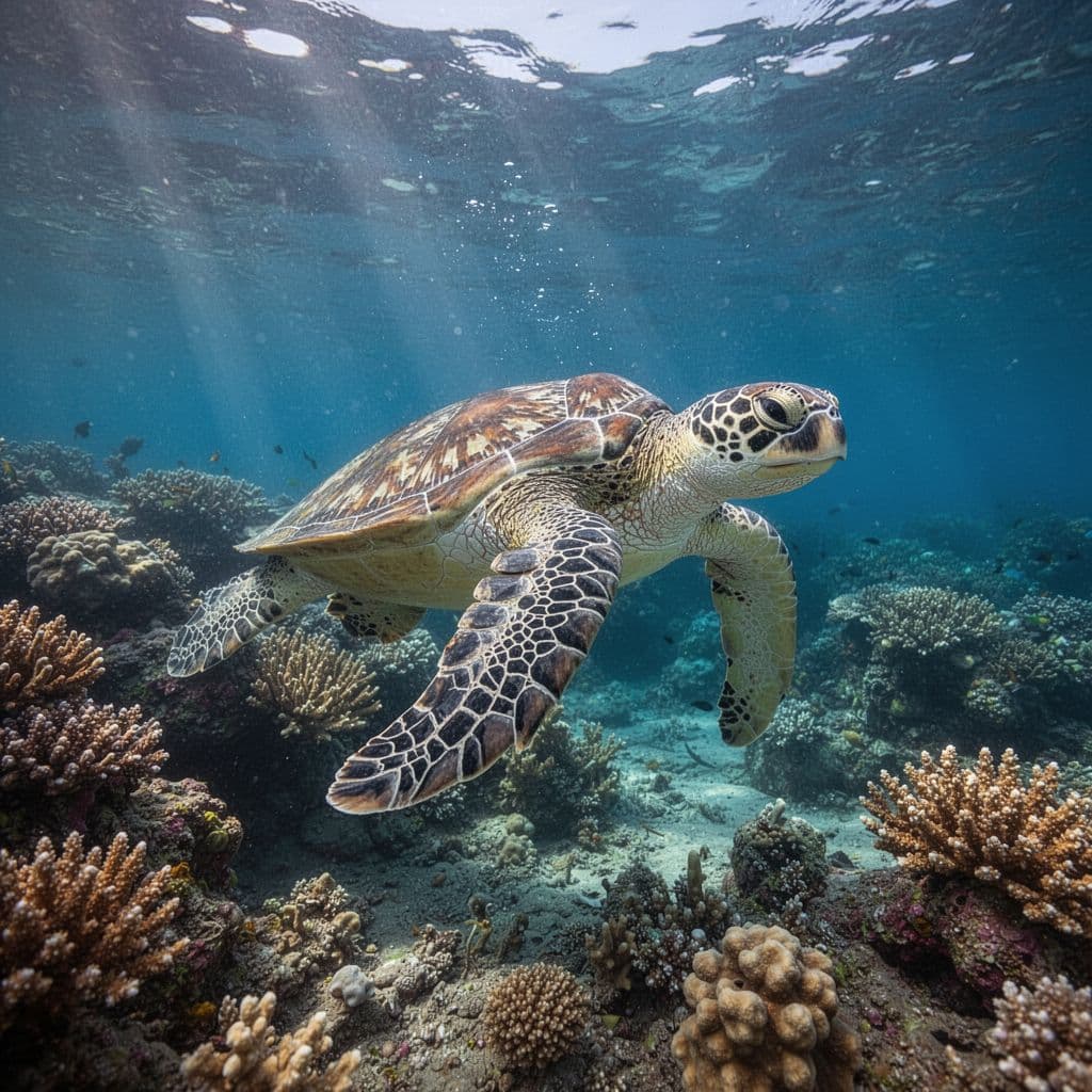 A green sea turtle swims through clear blue ocean water near a vibrant coral reef.
