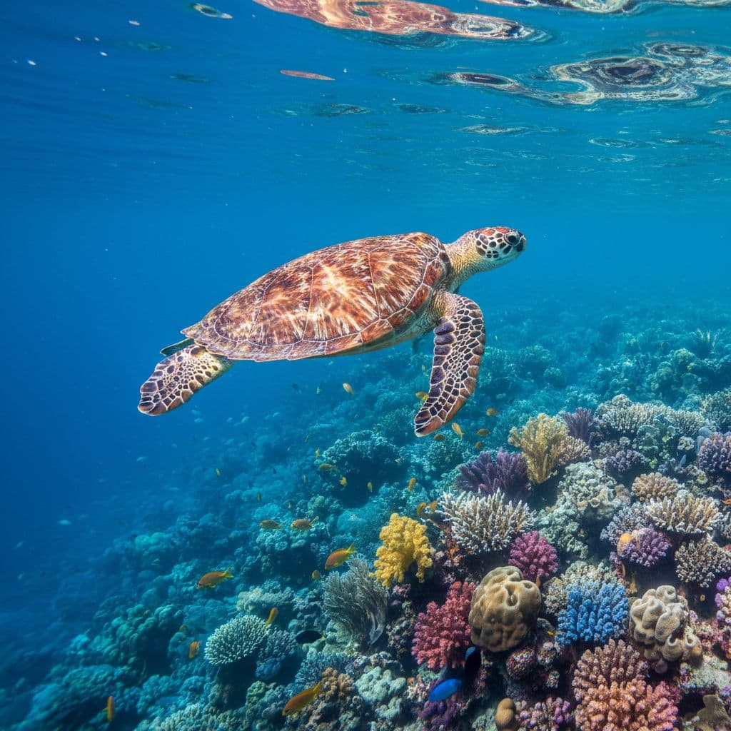 A green sea turtle swims gracefully through clear blue water near a colorful coral reef.
