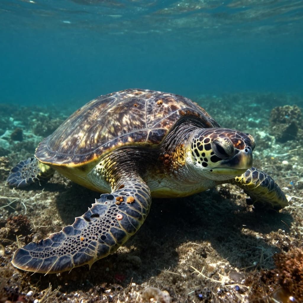A green sea turtle swims underwater with visible barnacles attached to its shell near a vibrant coral reef.