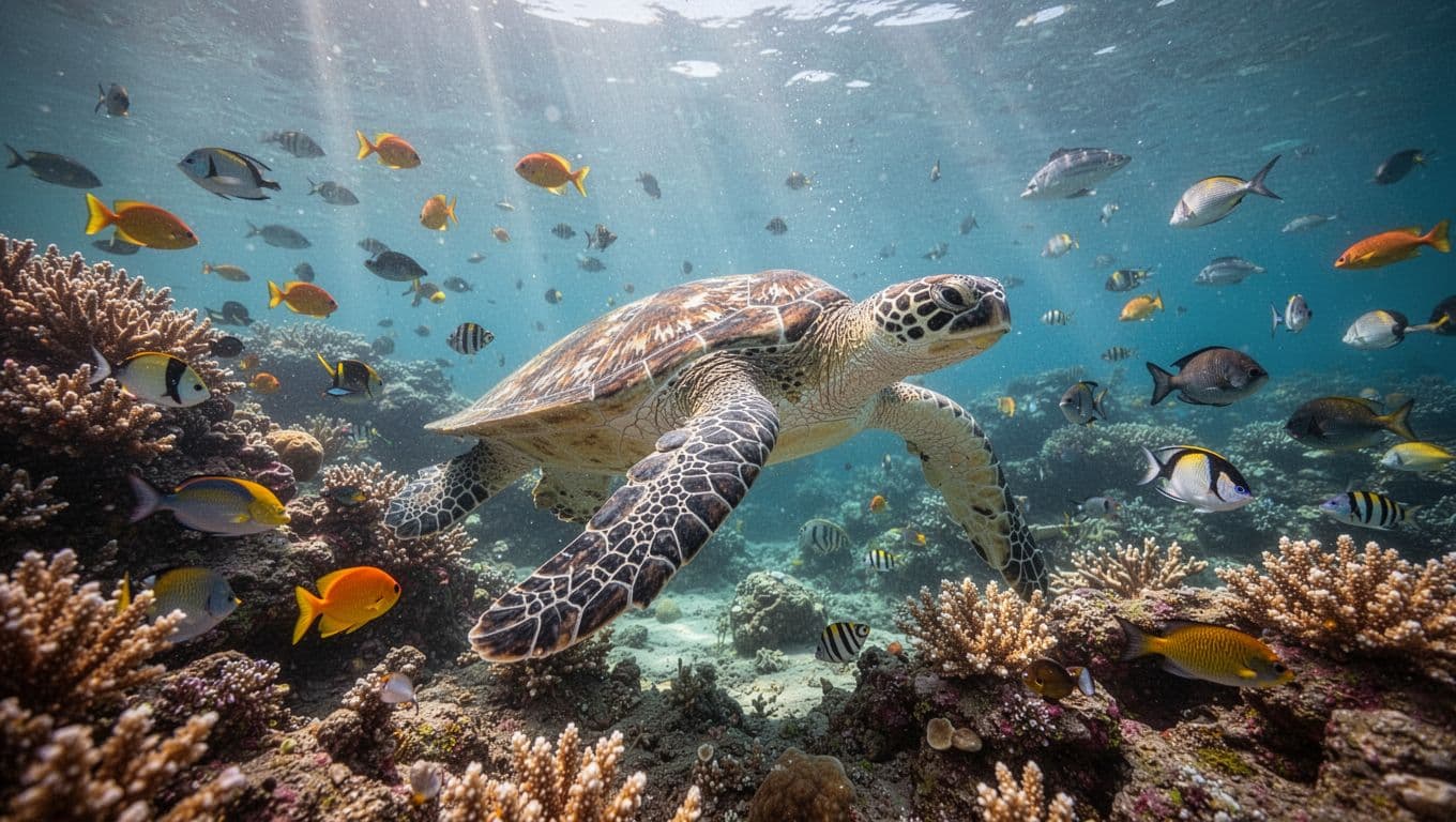 A green sea turtle swims gracefully past a vibrant coral reef filled with tropical fish.