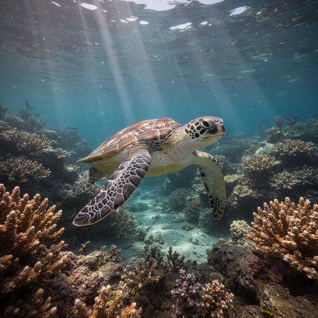 A green sea turtle swims past a vibrant coral reef as sunlight filters through clear tropical water.
