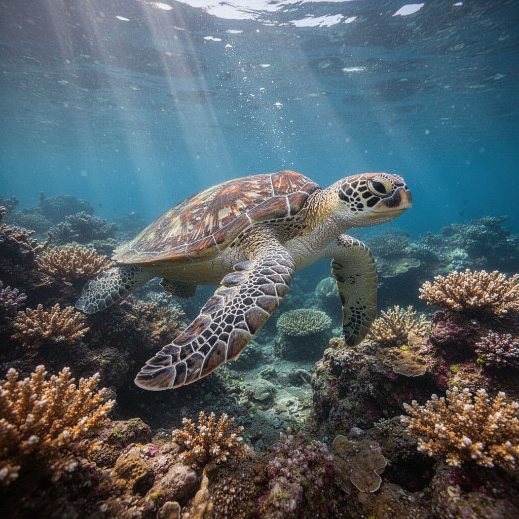 A green sea turtle glides through clear blue water above a vibrant coral reef.