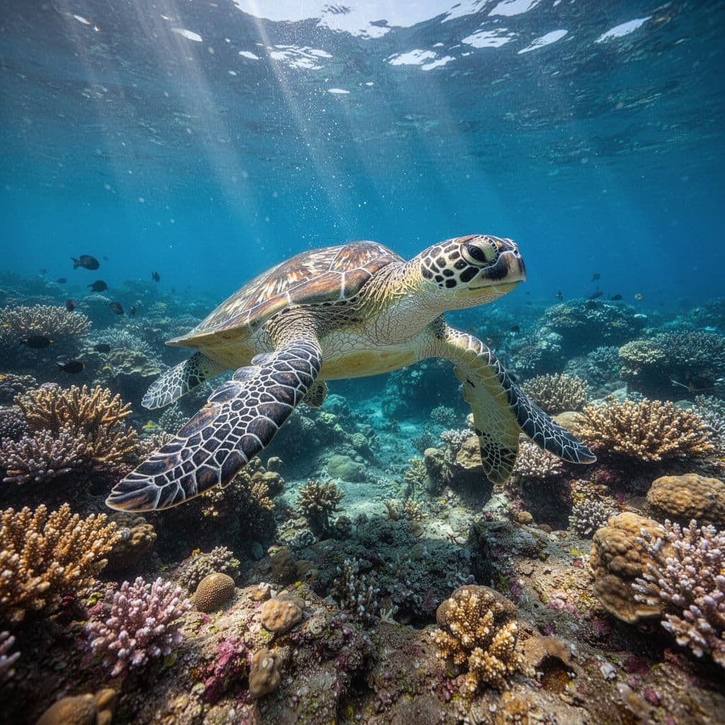A green sea turtle glides over a vibrant coral reef in clear blue ocean water.