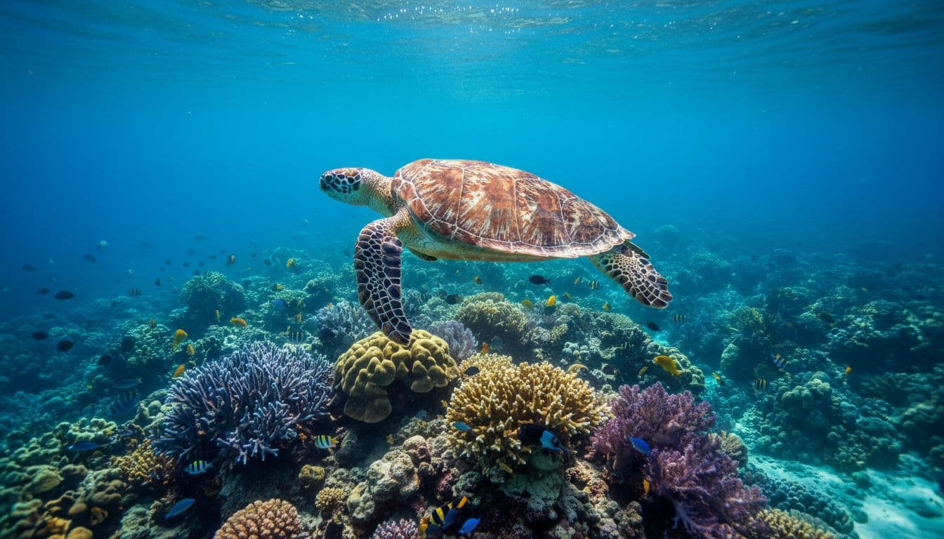 A graceful green sea turtle swims through clear water over a colorful Hawaiian coral reef.