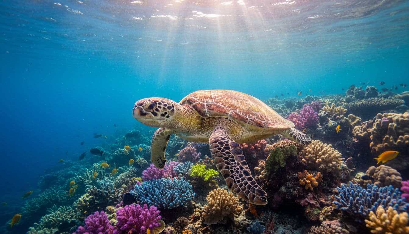 A green sea turtle swims over a vibrant coral reef with sunbeams filtering through clear blue water.