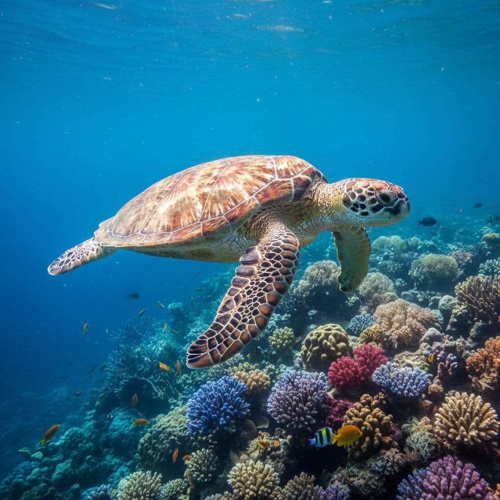A green sea turtle swims gracefully through clear blue water above a vibrant coral reef.