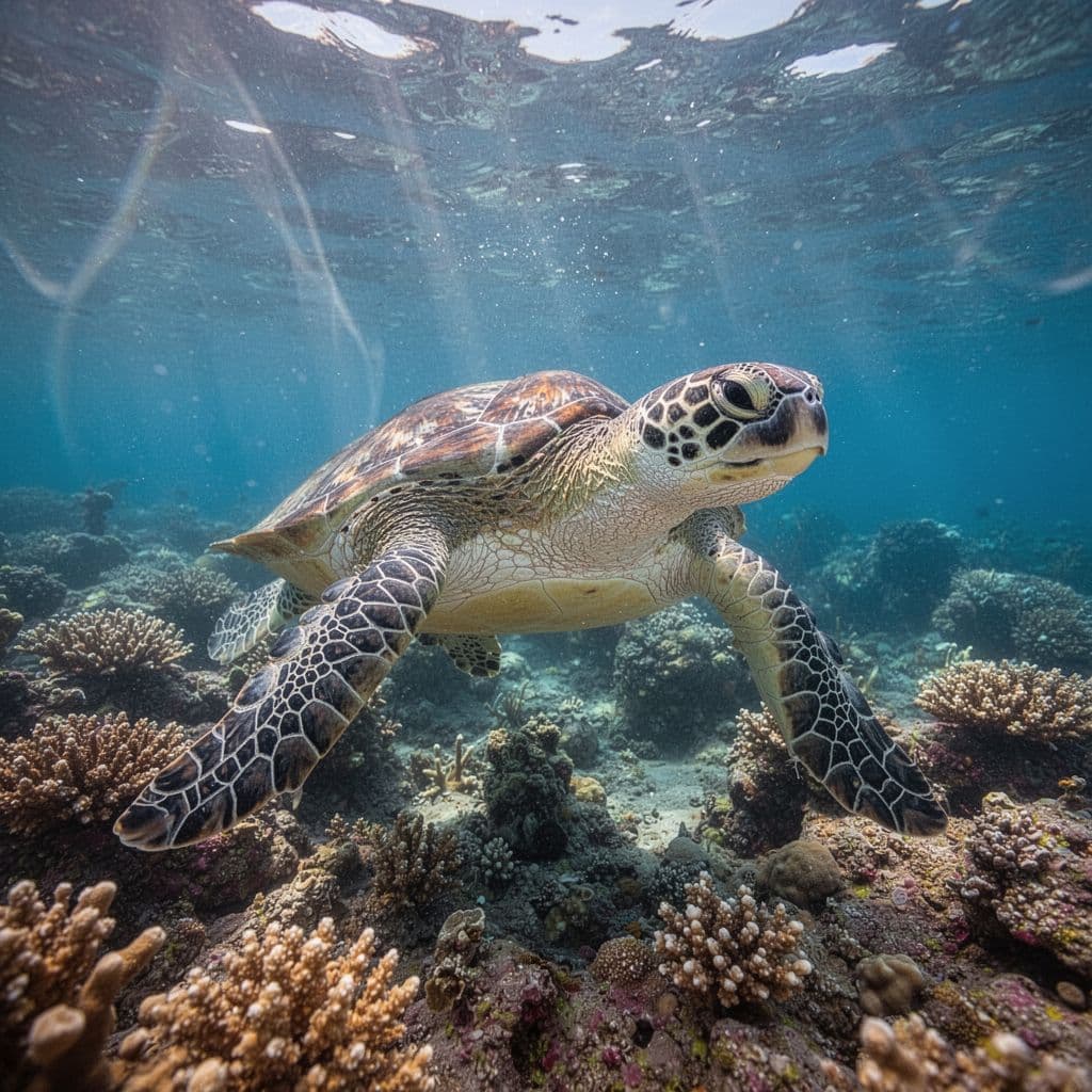 A green sea turtle glides gracefully over a colorful coral reef under clear, sunlit blue water.