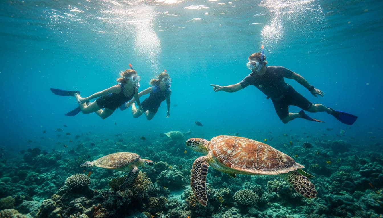 Professional snorkel guide points out Hawaiian green sea turtle to two snorkelers in clear turquoise waters at Turtle Canyon off Oahu, with coral reef, sunlight shafts, and two nearby turtles.