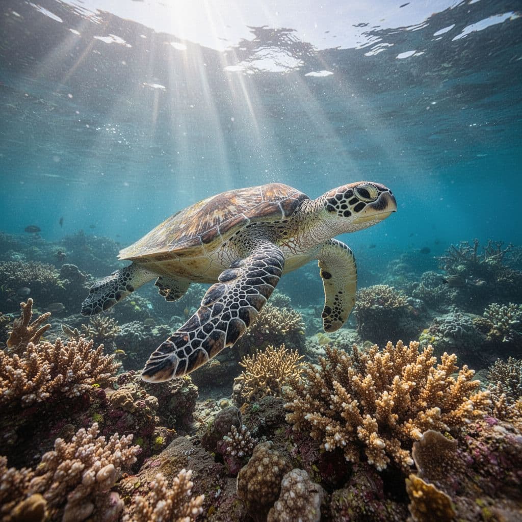 A green sea turtle swims gracefully past a vibrant coral reef in clear Hawaiian waters.