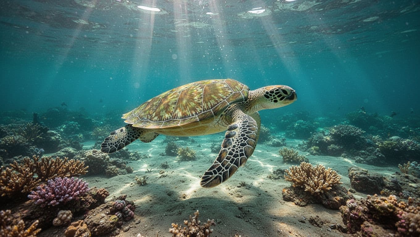 A green sea turtle swims gracefully through turquoise water near a vibrant tropical coral reef.