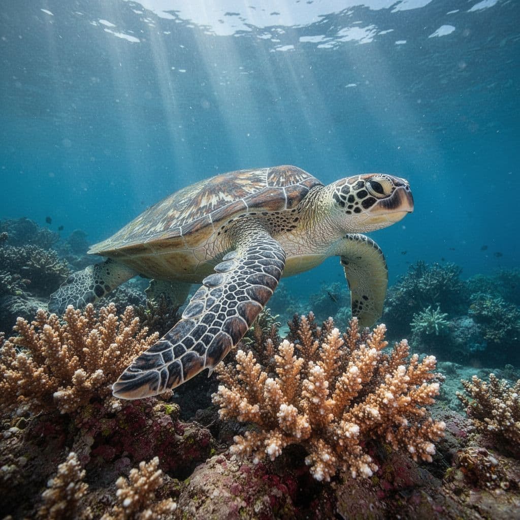 A green sea turtle swims gracefully past vibrant coral in the clear blue waters of Turtle Canyon.