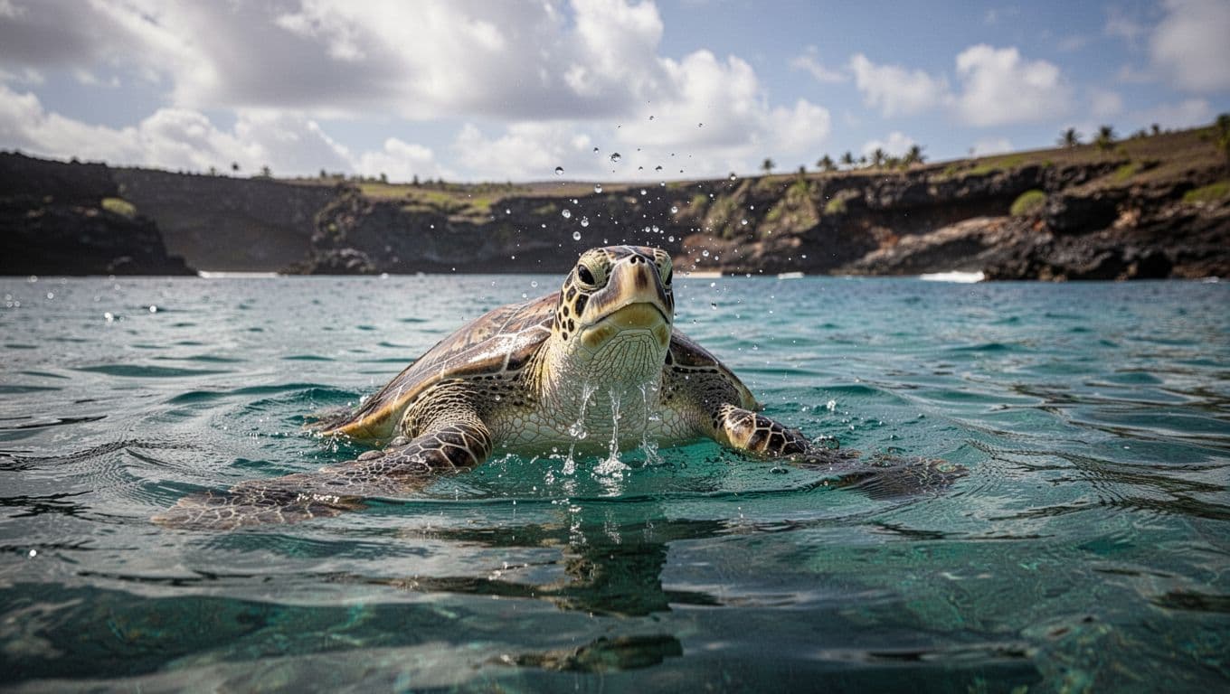 A Hawaiian green sea turtle surfaces to breathe at Turtle Canyon near Oahu, head emerging from turquoise ocean with splashing droplets under partly cloudy skies, cinematic style.