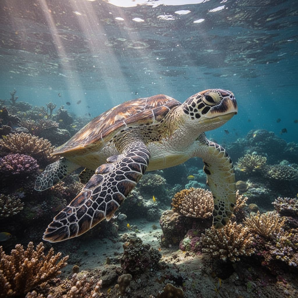 A green sea turtle glides through clear tropical waters past a vibrant coral reef.
