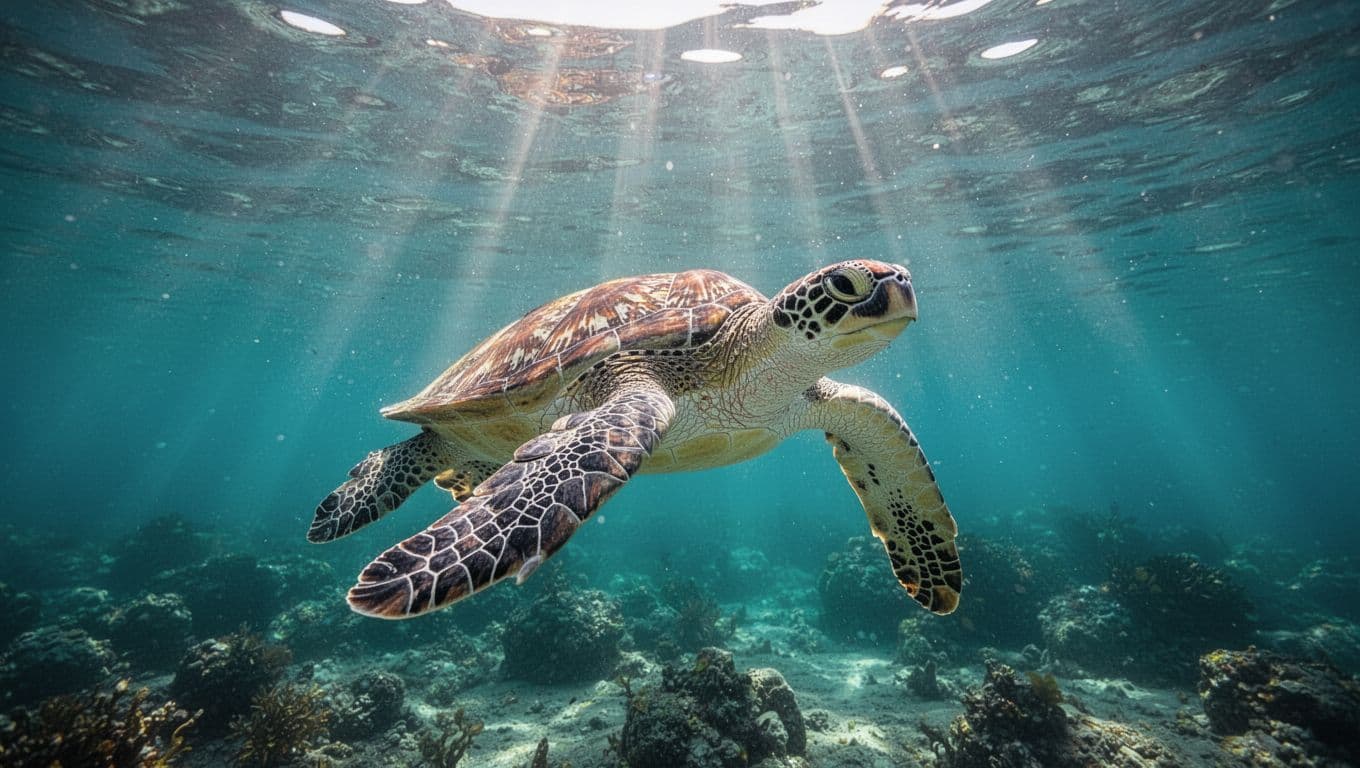 A green sea turtle swims gracefully through clear, turquoise water with sunlight rays filtering from above.