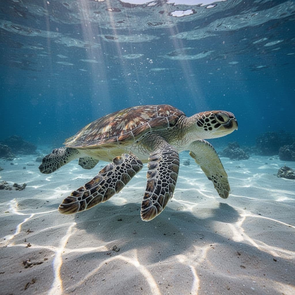 A green sea turtle glides through clear blue Hawaiian waters with sunlight shimmering on the sea floor.