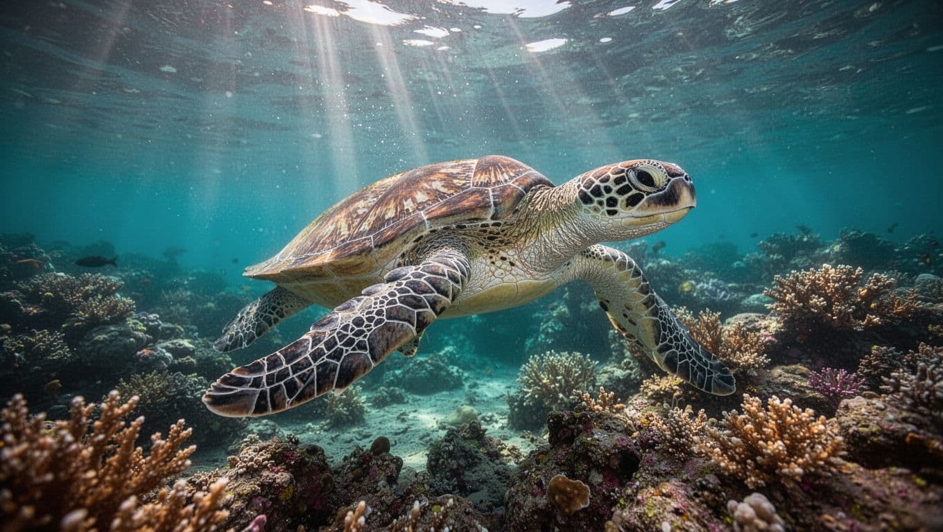A green sea turtle swims gracefully through clear turquoise water over a vibrant coral reef.