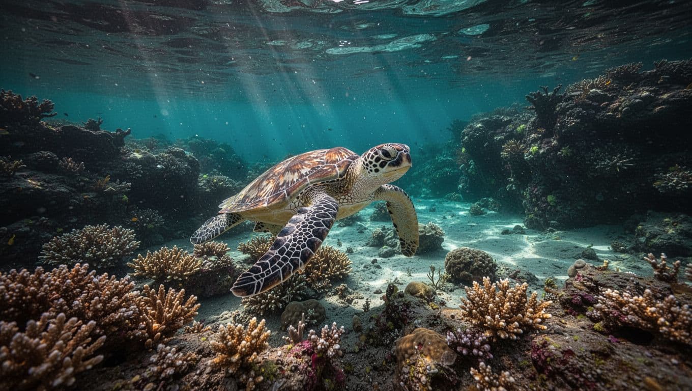 A Hawaiian green sea turtle glides gracefully over a vibrant coral reef in clear turquoise ocean water near Diamond Head rocky shore, with sunlight rays piercing the surface for dramatic depth and cinematic lighting.