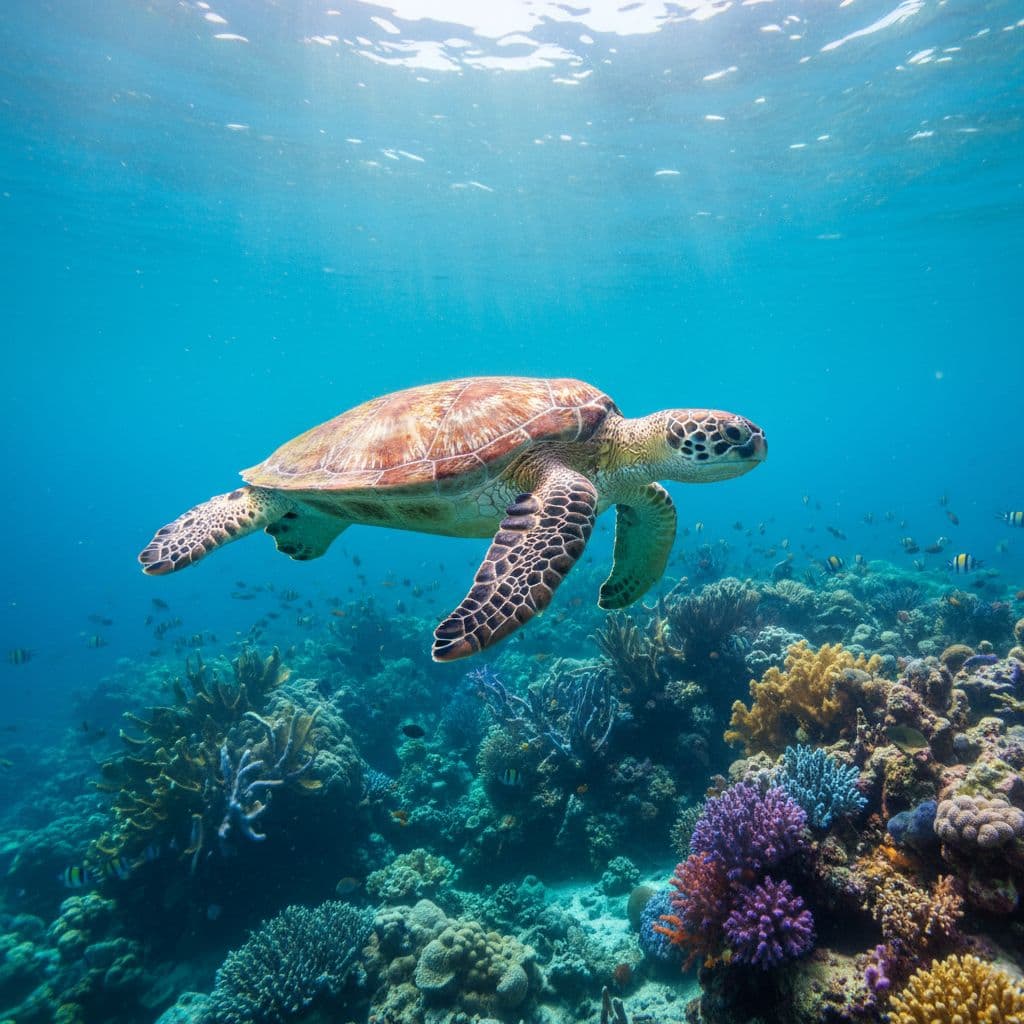 A green sea turtle swims through turquoise water surrounded by vibrant coral reefs and sunlight rays.
