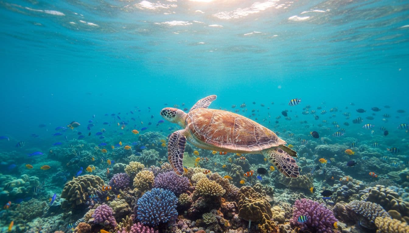 Vibrant underwater scene of a Hawaiian green sea turtle swimming near a colorful coral reef in clear Waikiki waters, surrounded by schools of tropical fish with sunlight rays filtering through the surface.