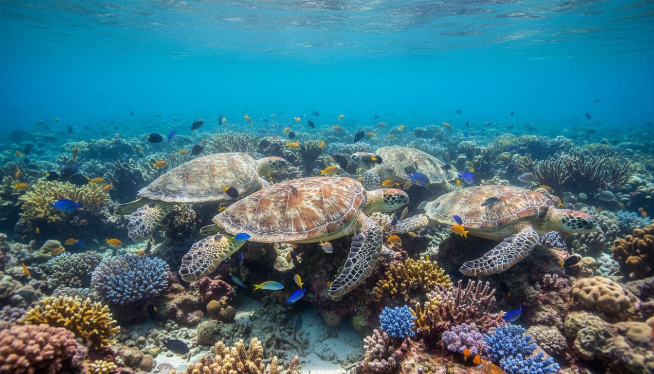 Hawaiian green sea turtles at their natural cleaning station in Turtle Canyon Oahu, with small colorful reef fish nibbling on turtle shells amid vibrant corals and clear turquoise ocean water.