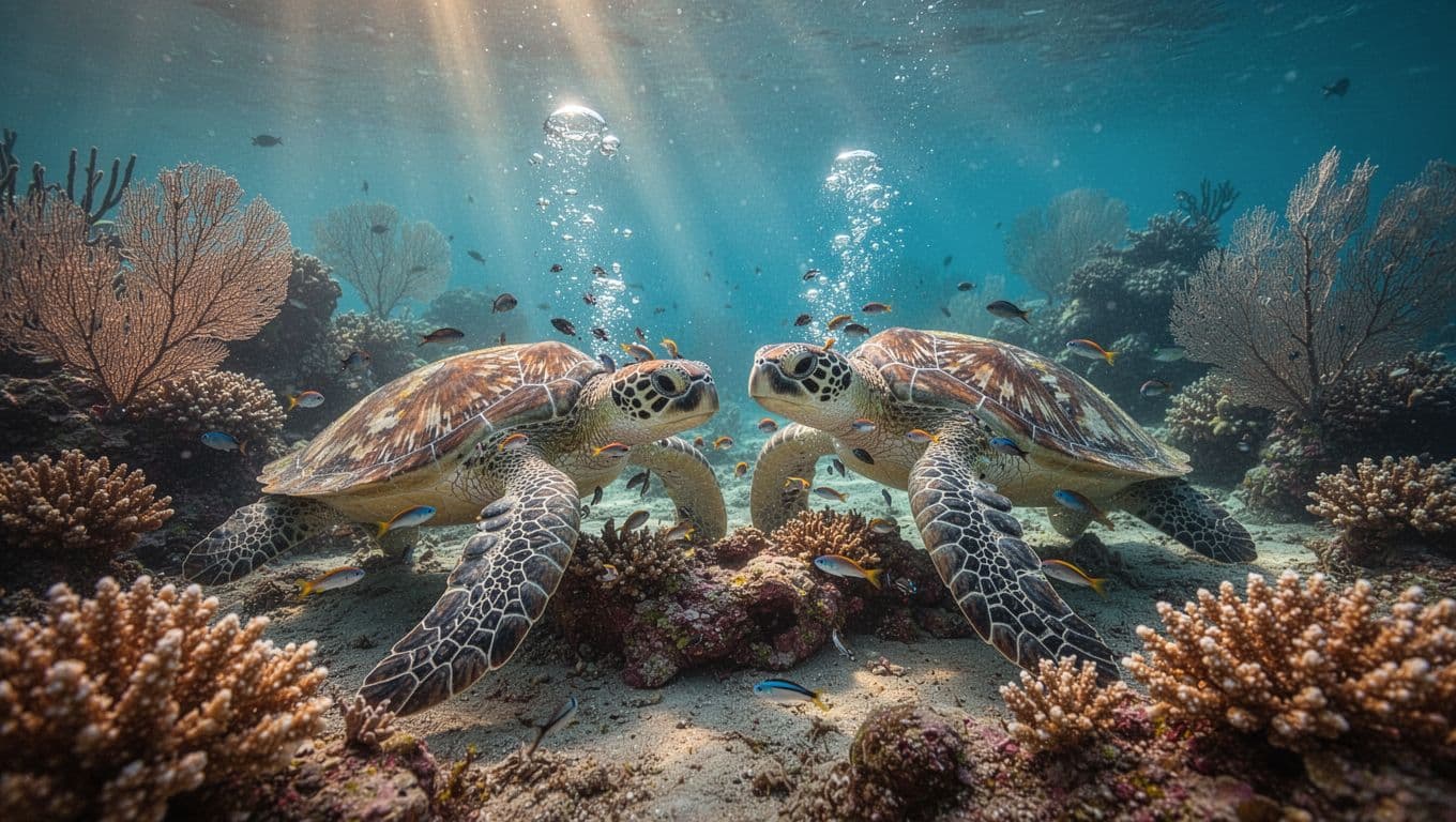Two Hawaiian green sea turtles rest peacefully at a natural underwater cleaning station, with small cleaner fish nibbling on their shells amid diverse coral heads and sea fans in clear turquoise waters illuminated by golden light shafts.