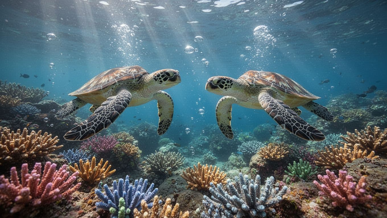 Two green sea turtles swim near colorful coral reef in clear blue ocean with sunlight rays and bubbles.